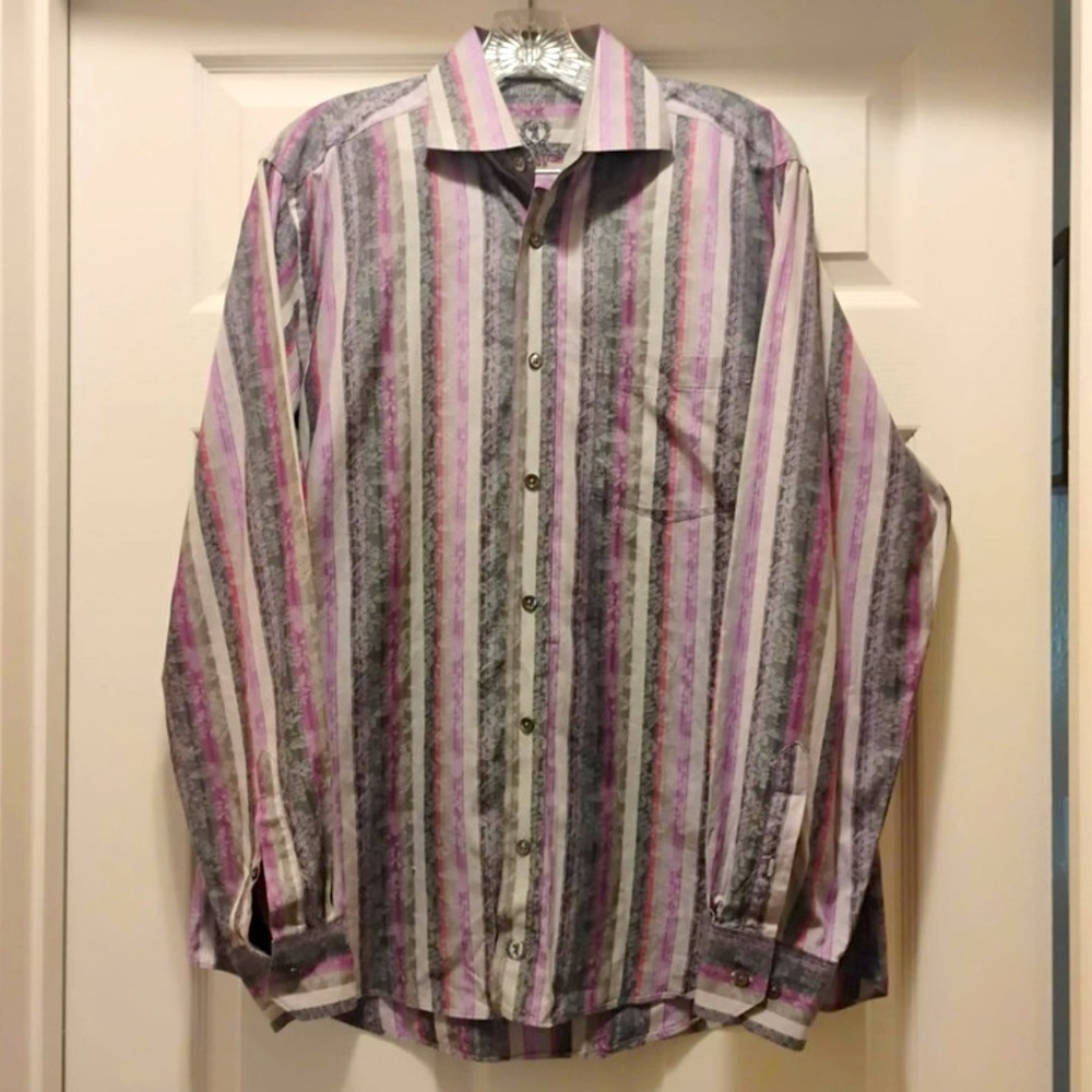 Bugatchi Uomo Men's Button Down Shirt Purple Gray Silver Stripe Unique Formal